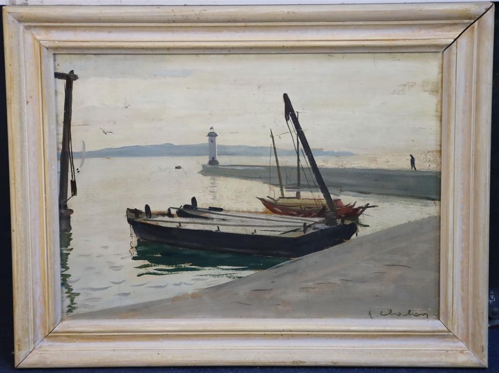 § Andre Chochon (1910-2005) Fishing boats in harbour 11 x 15.5in.